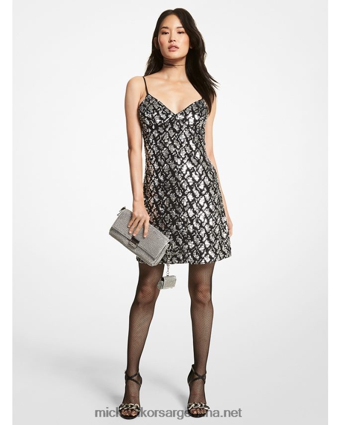 mujer negro/plata vestido lencero de viscosa elástica con lentejuelas de serpiente Michael Kors T46HB0176