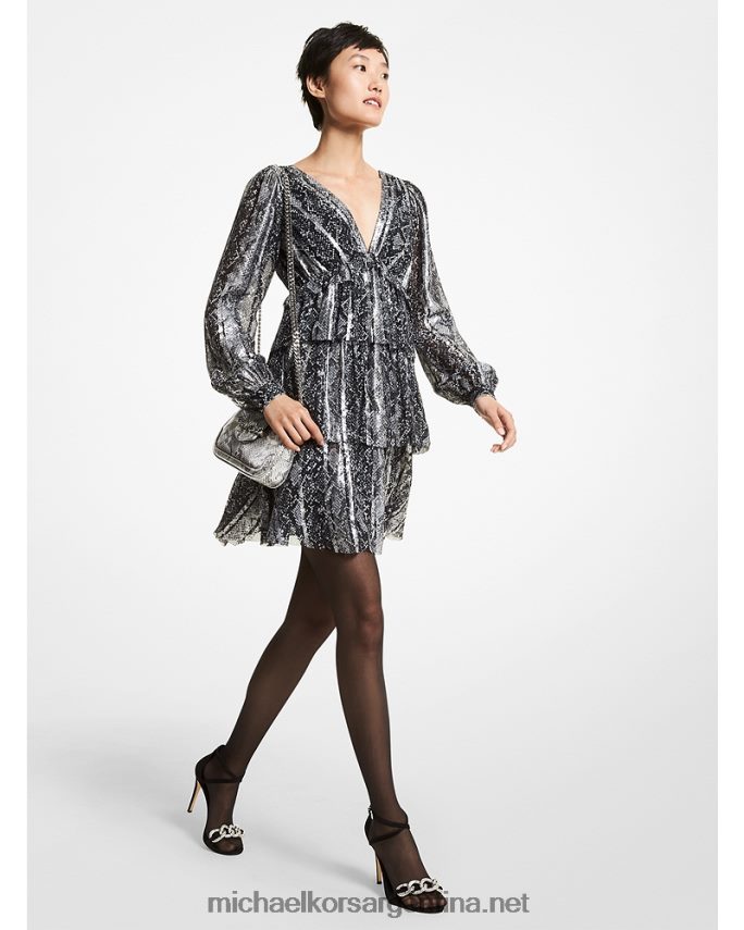 mujer negro vestido a capas con detalle de serpiente metalizada en jacquard Michael Kors T46HB0172