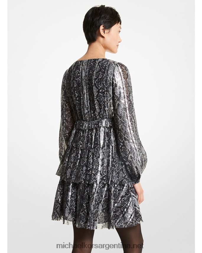 mujer negro vestido a capas con detalle de serpiente metalizada en jacquard Michael Kors T46HB0172