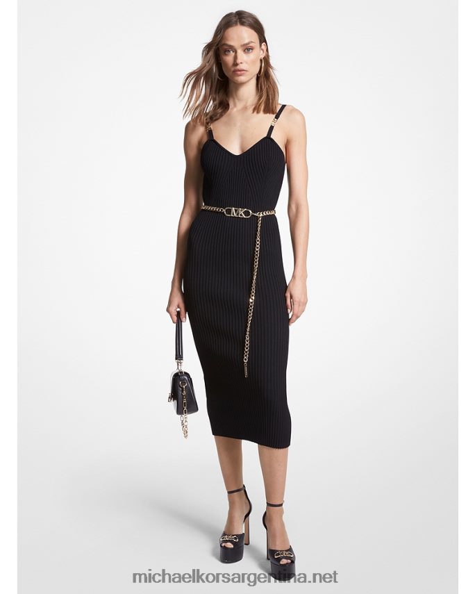 mujer negro vestido bustier de canalé de viscosa elástica con cinturón Michael Kors T46HB030