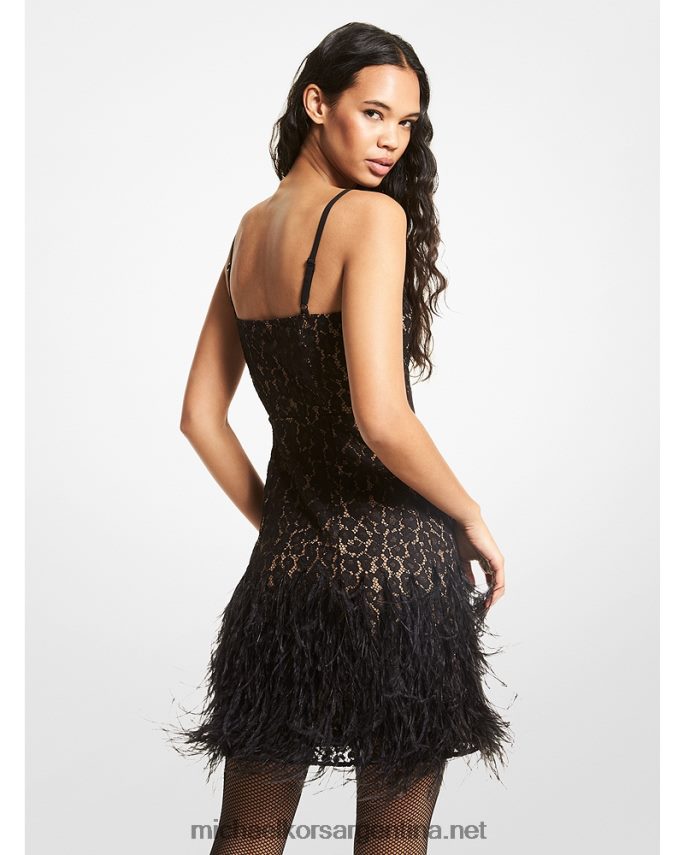 mujer negro vestido de encaje con detalles de plumas Michael Kors T46HB0177