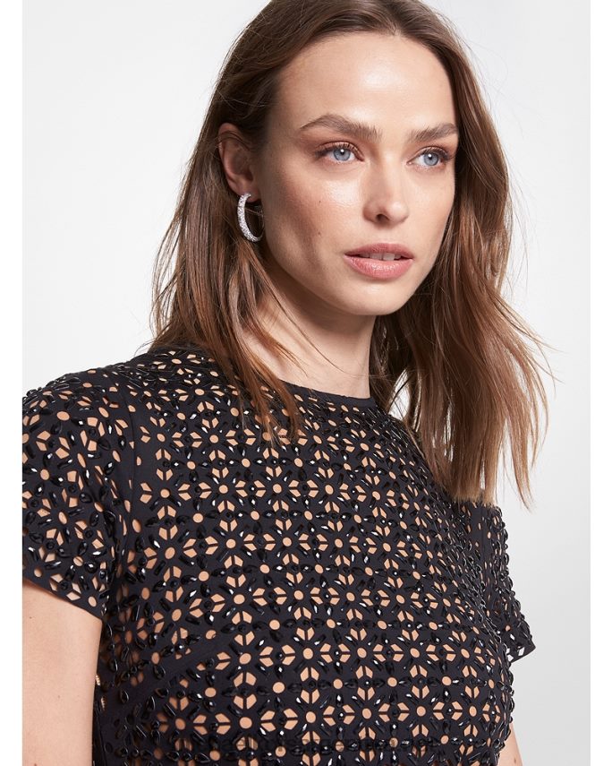 mujer negro vestido de neopreno cortado con láser y adornado Michael Kors T46HB053