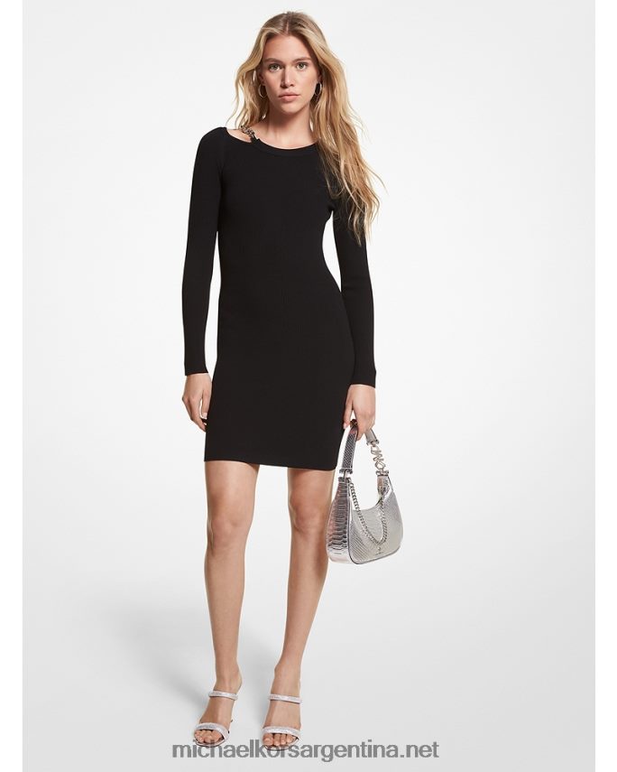 mujer negro vestido de viscosa elástica de canalé con eslabones de cadena Michael Kors T46HB0104