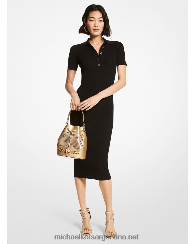 mujer negro vestido tipo polo de canalé en mezcla de viscosa con botones y logo Michael Kors T46HB052