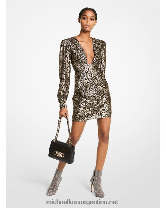mujer oro negro vestido metalizado con clip de leopardo en jacquard Michael Kors T46HB0116