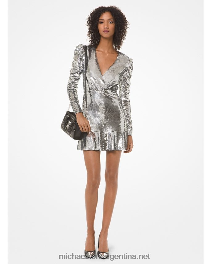 mujer plata vestido con mangas fruncidas y lentejuelas Michael Kors T46HB0171