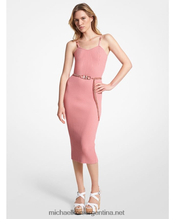 mujer rosa polvorienta vestido bustier de canalé de viscosa elástica con cinturón Michael Kors T46HB024