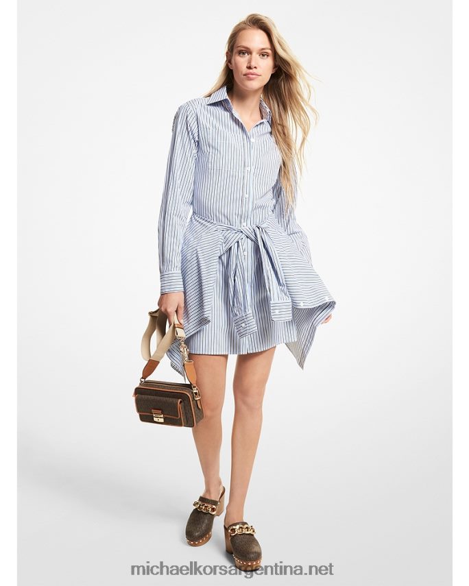 mujer tripulación azul vestido camisero de popelina de algodón a rayas con lazo en la cintura Michael Kors T46HB099