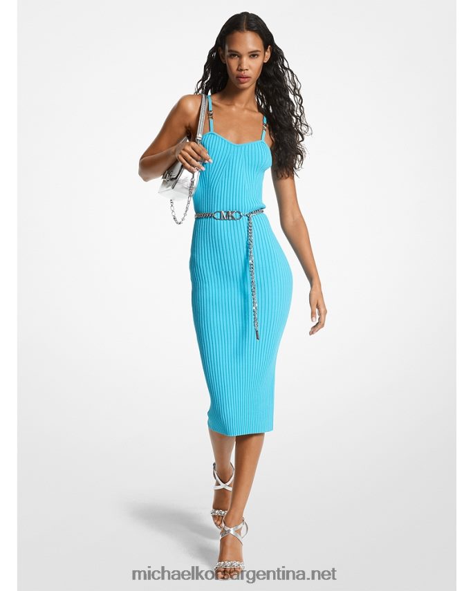 mujer turquesa vestido bustier de canalé de viscosa elástica con cinturón Michael Kors T46HB026