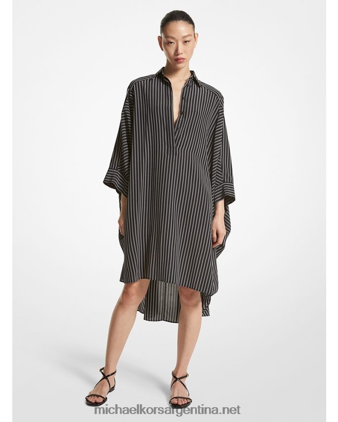 unisexo blanco negro vestido camisero dolman de crepé de China de seda a rayas de la colección Michael Kors T46HB03419