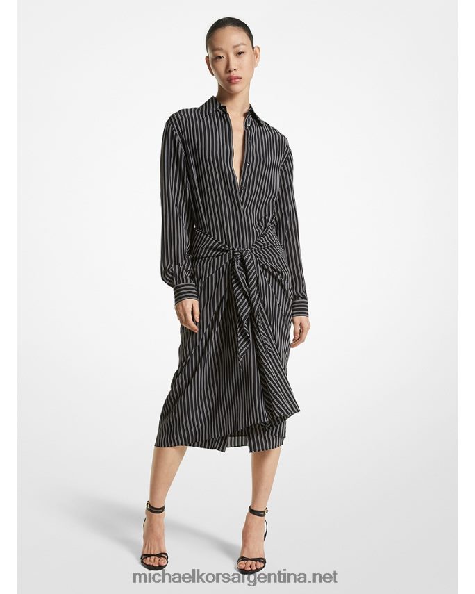 unisexo blanco negro vestido camisero pareo de crepé de China de seda orgánica a rayas de la colección Michael Kors T46HB03421