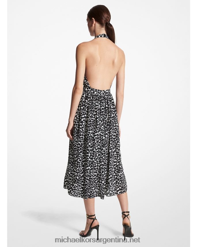 unisexo blanco negro vestido halter de crepé de China de seda orgánica con estampado de guepardo de la colección Michael Kors T46HB03418