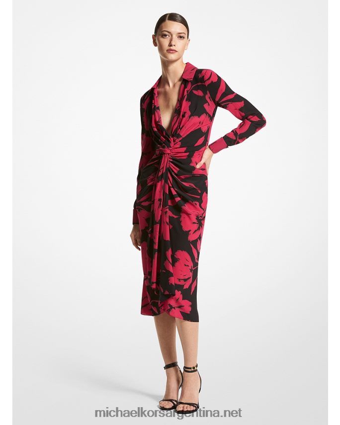 unisexo fucsia/negro vestido camisero escotado de crepé de China de seda con pinceladas florales de la colección Michael Kors T46HB03516