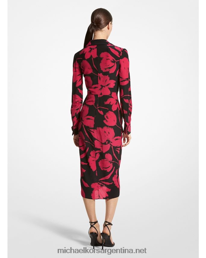 unisexo fucsia/negro vestido camisero escotado de crepé de China de seda con pinceladas florales de la colección Michael Kors T46HB03516