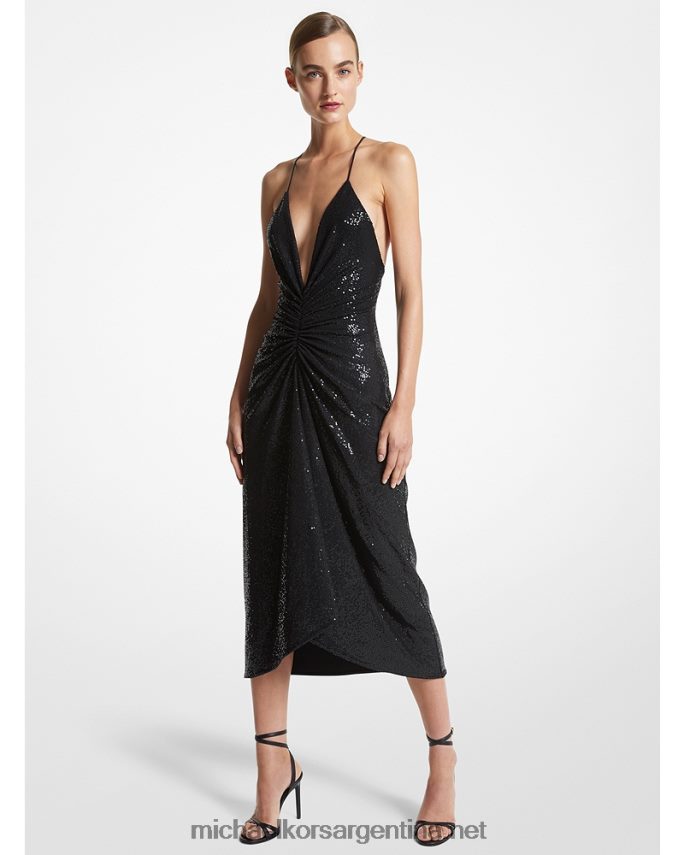 unisexo negro vestido de cascada de punto elástico con lentejuelas bordado a mano de la colección Michael Kors T46HB03386