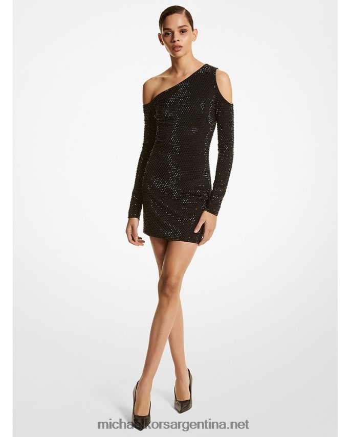 unisexo negro vestido de una sola hombro de crepé con adornos de cristal de la colección Michael Kors T46HB03590