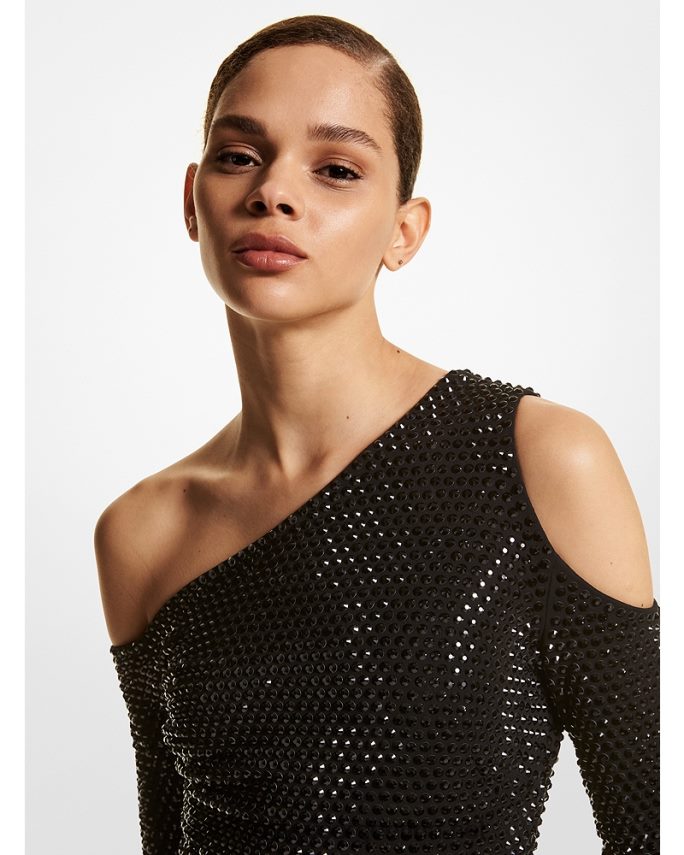 unisexo negro vestido de una sola hombro de crepé con adornos de cristal de la colección Michael Kors T46HB03590