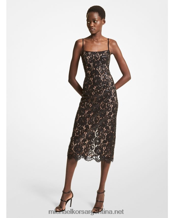 unisexo negro vestido lencero de encaje floral bordado a mano de la colección Michael Kors T46HB03647