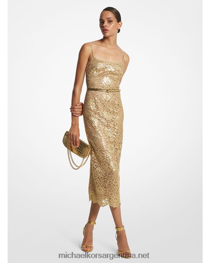 unisexo oro vestido lencero de encaje floral metalizado de la colección Michael Kors T46HB03451