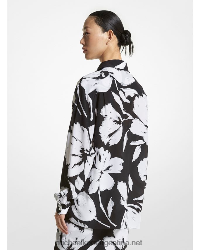 unisexo blanco negro camisa boyfriend crepe de china seda floral pincelada colección Michael Kors T46HB03414