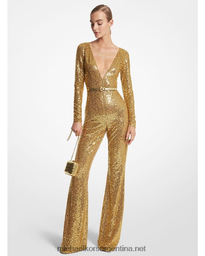 unisexo bronceado mono de tul elástico con paillette bordado a mano de la colección Michael Kors T46HB03452