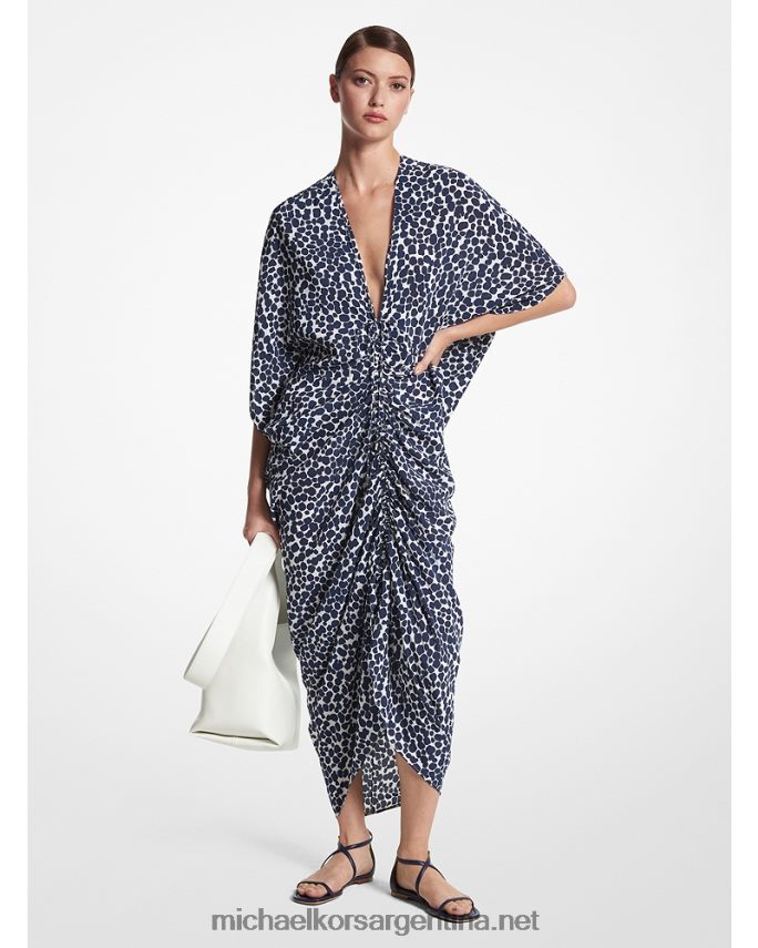 unisexo azul marino/blanco op caftán fruncido de crepé de China de seda de leopardo de la colección Michael Kors T46HB03553