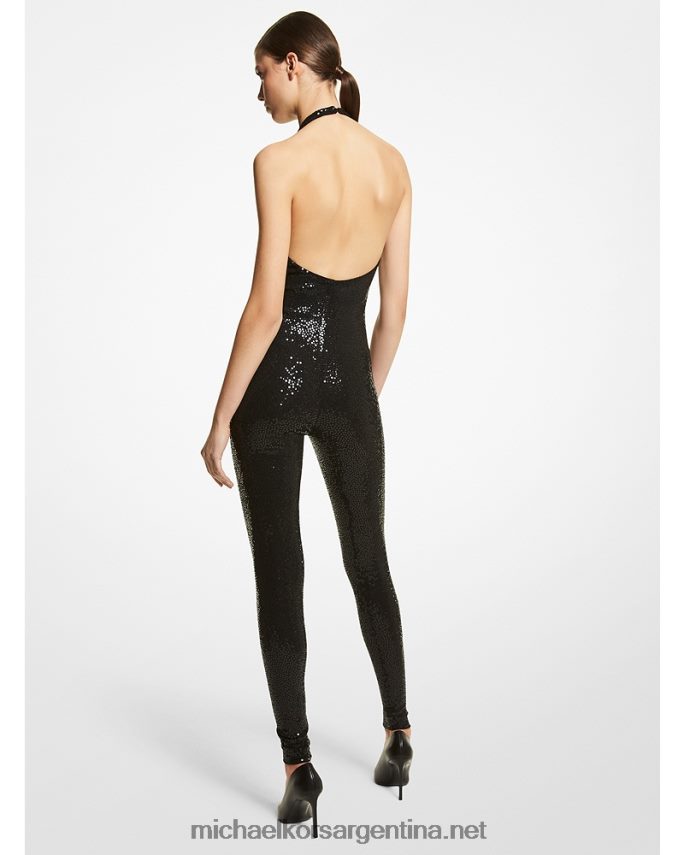 unisexo negro Catsuit de punto elástico mate con lentejuelas bordadas a mano de la colección Michael Kors T46HB03591