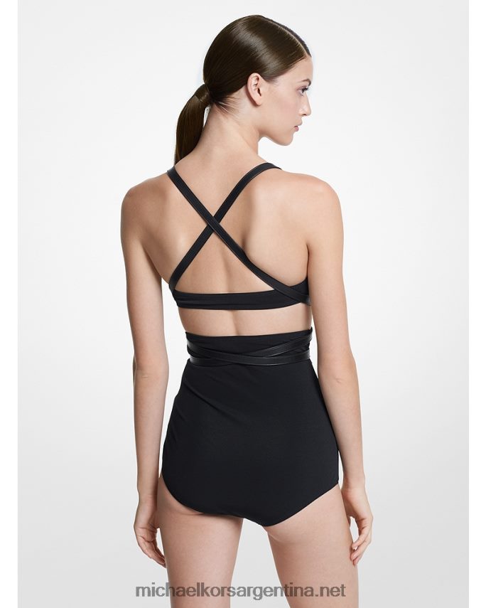 unisexo negro conjunto bikini sujetador y braguita en crepe con ribetes de piel Michael Kors T46HB03742