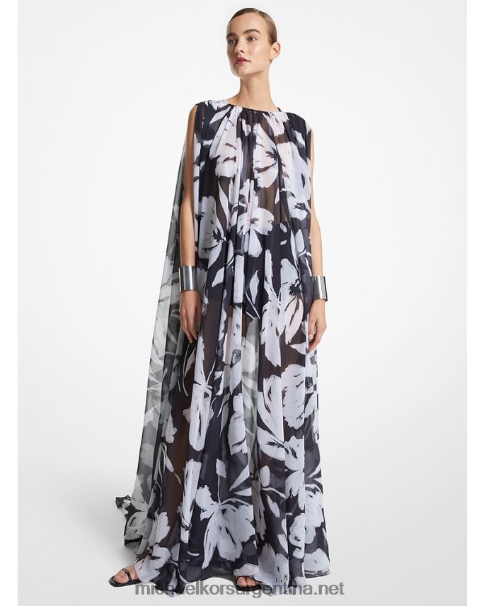 unisexo blanco negro vestido de caftán de gasa de seda floral pincelada colección Michael Kors T46HB03416