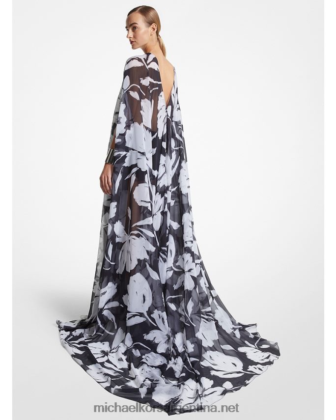 unisexo blanco negro vestido de caftán de gasa de seda floral pincelada colección Michael Kors T46HB03416