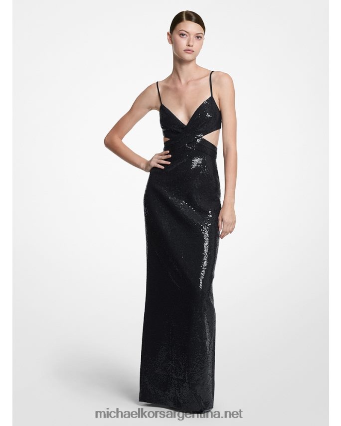 unisexo negro vestido de fiesta de crepé doble con lentejuelas bordadas a mano de la colección Michael Kors T46HB03751