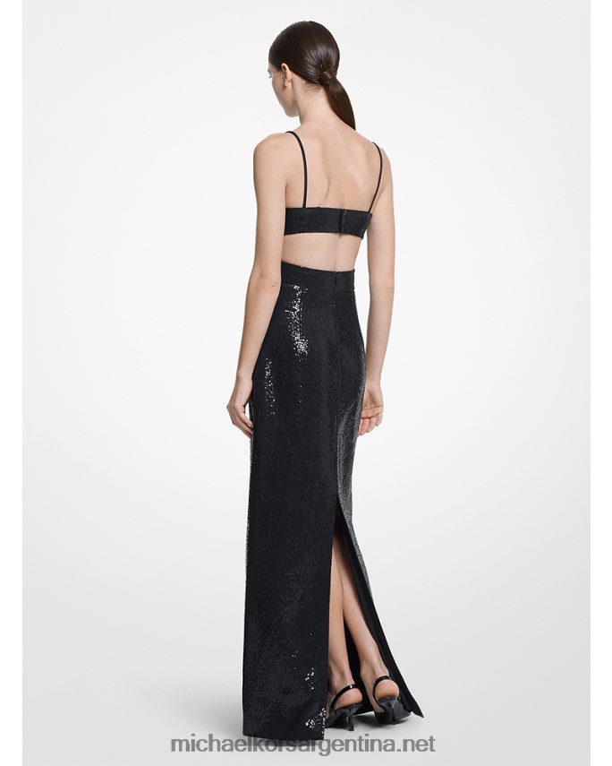 unisexo negro vestido de fiesta de crepé doble con lentejuelas bordadas a mano de la colección Michael Kors T46HB03751