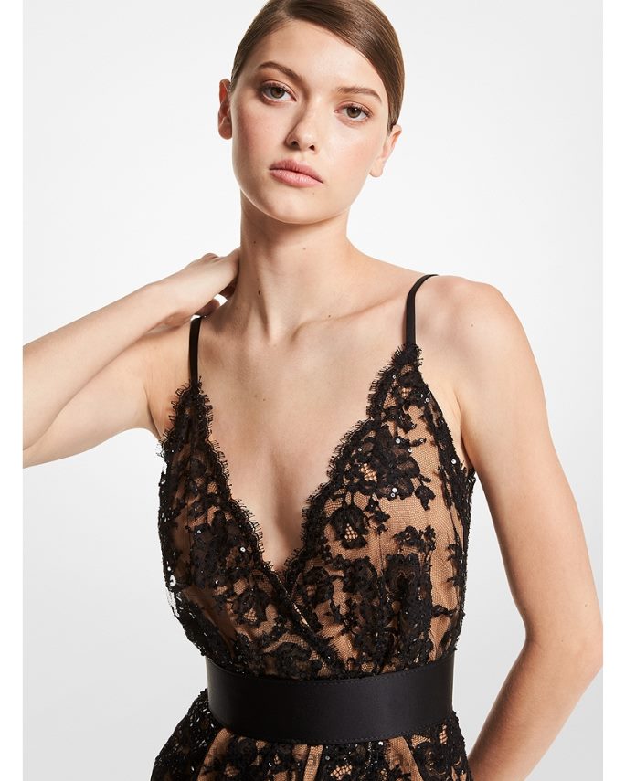 unisexo negro vestido lencero de chantilly con bordado de paillette de la colección Michael Kors T46HB03754