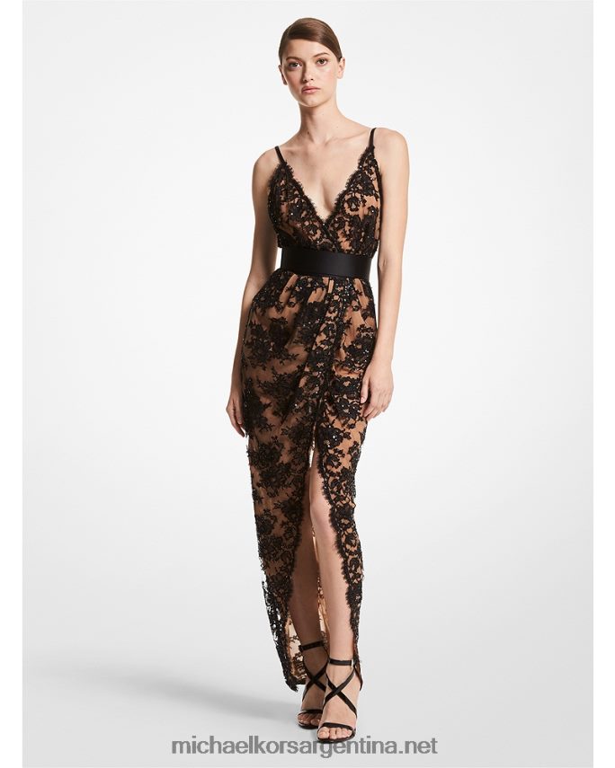 unisexo negro vestido lencero de chantilly con bordado de paillette de la colección Michael Kors T46HB03754